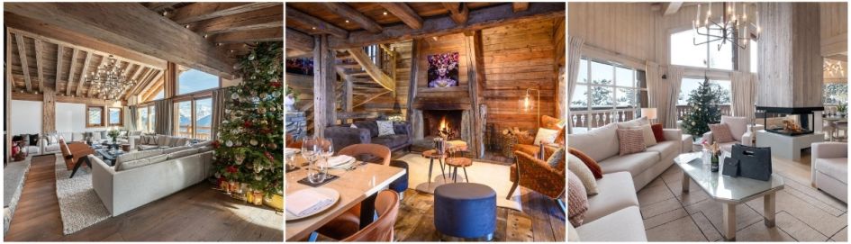 Courchevel luxury ski chalets are perfect for a deluxe Christmas ski holiday in the Alps, featuring trees and spacious alpine interiors as seen here.