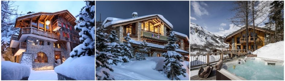 Val-d'Isère luxury ski chalets that are perfect for a Christmas ski holiday. Here, we see three classic stone and wooden exteriors surrounded by snow!