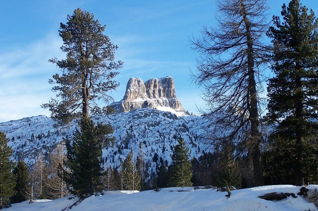 View of the snow-capped show mountains of Cortina d'Ampezzo. Cortina is home some of the best restaurants in the Dolomites 