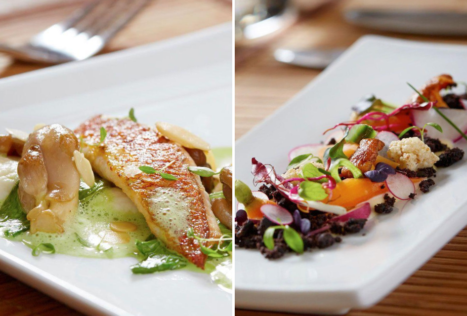 Two dishes served at Eco Lodge, Chamonix. Locally sourced gourmet food in the Alps presented beautifully.