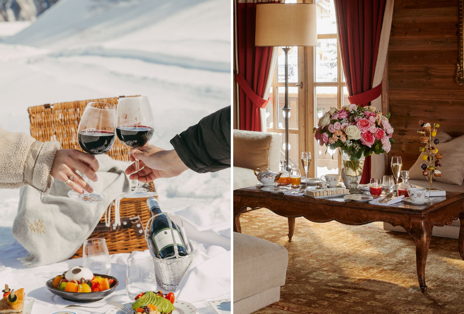 A snowy picnic, courtesy of Chalet Ormello, and a stunning afternoon tea with flowers, both typical offerings of this luxury catered chalet in Courchevel 1850.