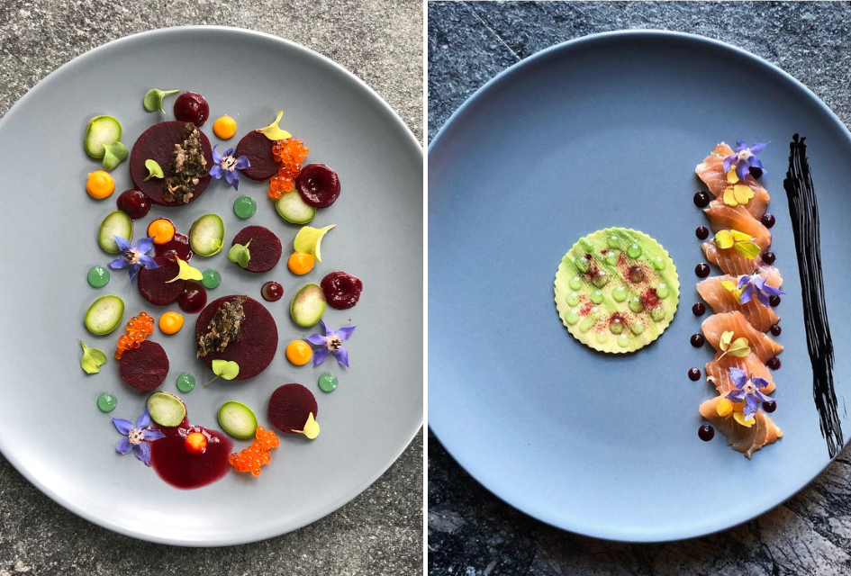 Two artistically presented meals from Rocca Penthouse; a salmon dish, and a beetroot dish.