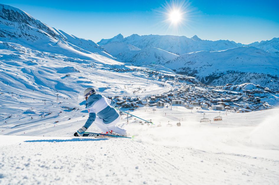 Skiing in Alpe d'Huez on a sunny day gives you a great vantage over the resort. 