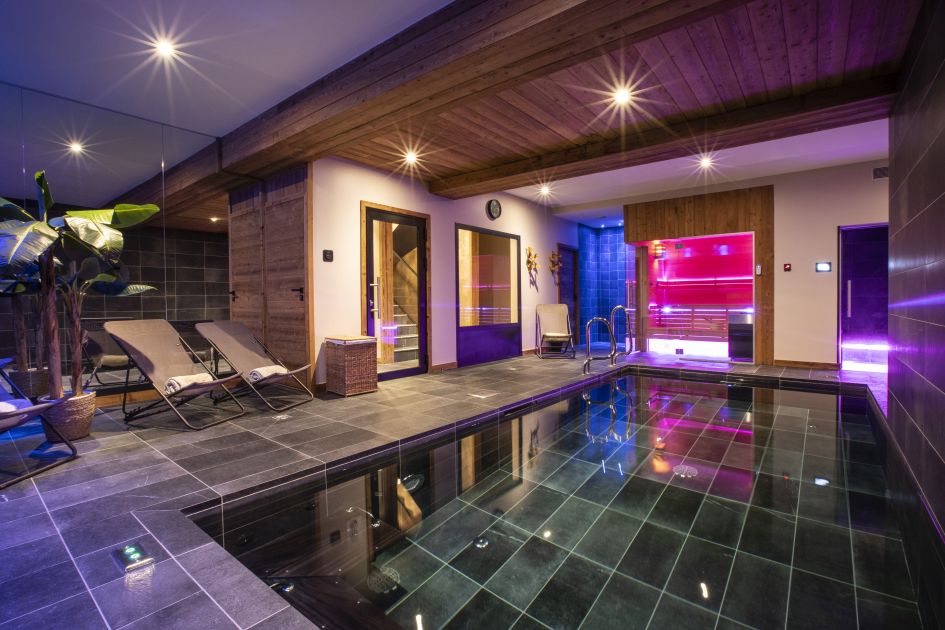 Wellness facilities featuring the indoor swimming pool, sauna and steam room at Chalet Golden Jubilee. One of the best family chalets in the Three Valleys.