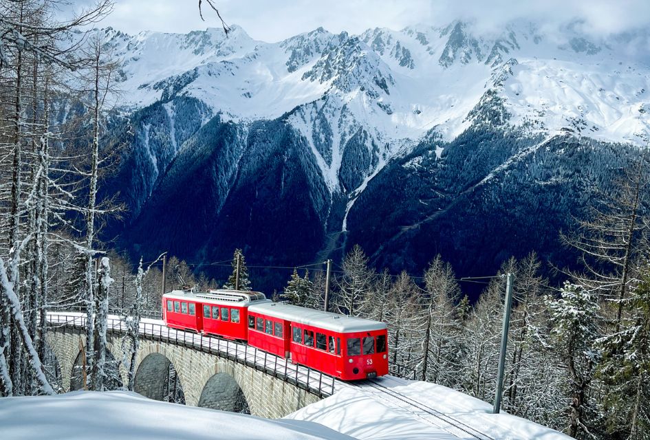 The Montenvers train on it's wait to Mer de Glace, with mountains in the background and snowy trees.