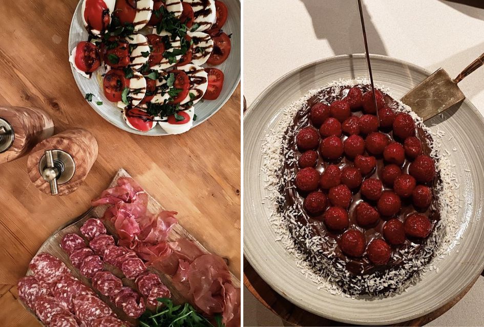 Left: Caprese salad and cured meats. Right: A chocolate and fruit dessert. Both served at Chalet Baita 1697, a luxury catered chalet in Italy.