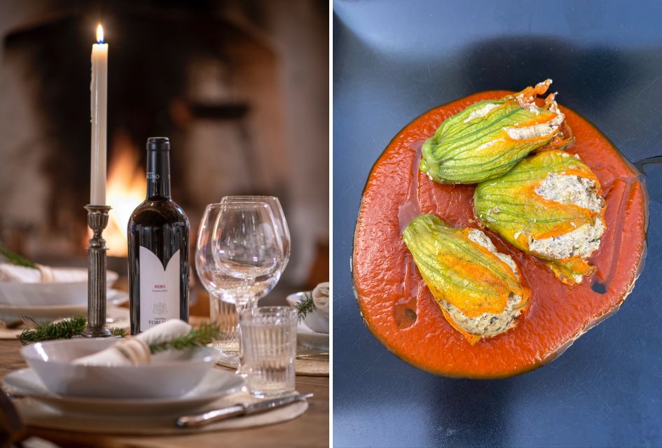 Left: Candle, wine, and background fireplace behind the table setting at Chalet Doss. Right: Stuffed zucchini flowers and a romesco sauce at Chalet Doss.