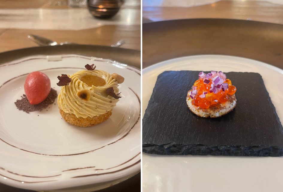 Left: Dessert at Chalet La Fenice. Right: Canapé at Chalet La Fenice.