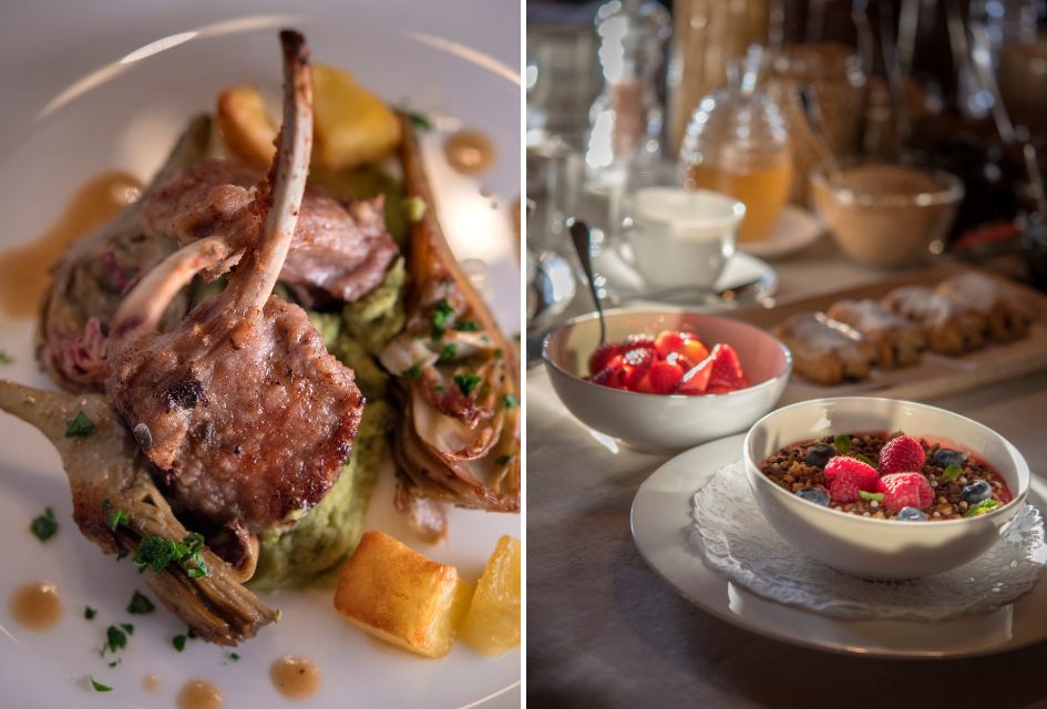 Left: Lamv dish. Right: Fruit dish. Served at private catered ski chalet, White Deer San Lorenzo Lodge, in Brunico, Italy.