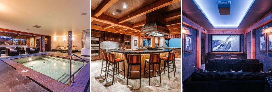 Spa area, kitchen, and cinema room of Bighorn Revelstoke, a luxury lodge in Canada for the perfect back country ski trip in Revelstoke.