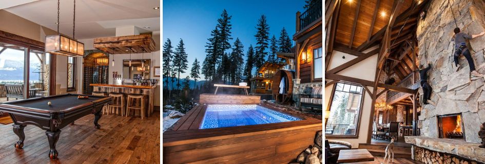 Collage featuring pool table and bar area, outdoor hot tub, and living room/climbing wall of Bison Lodge, a luxury ski lodge in Revelstoke.