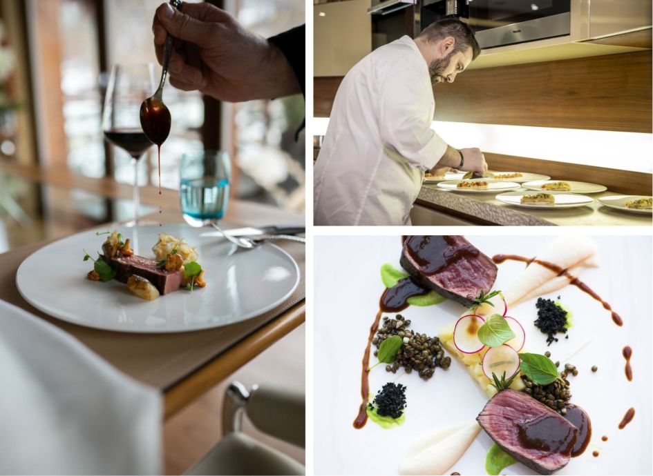 A collage of food dishes and a chef hard at work in Chalet Zermatt Peak. Gourmet cuisine is just one of the top reasons to visit Zermatt.