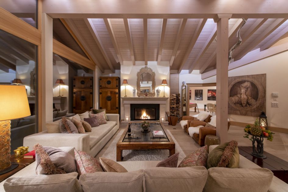 The living room of Chalet Grace, one of the ultimate luxury chalets in Zermatt.