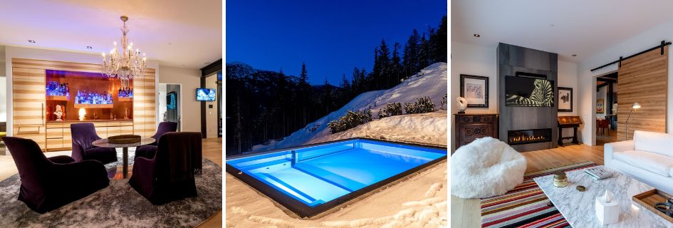 Whiskey room, hot tub, and living area of Chalet Solitude.