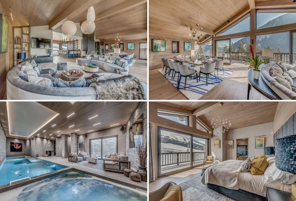 Collage of Chalet Bacchus in Courchevel Moriond, a must-see on our guide to Courchevel. Featuring hot tub and pool, bedroom with slope views, and the open-plan living and dining areas.