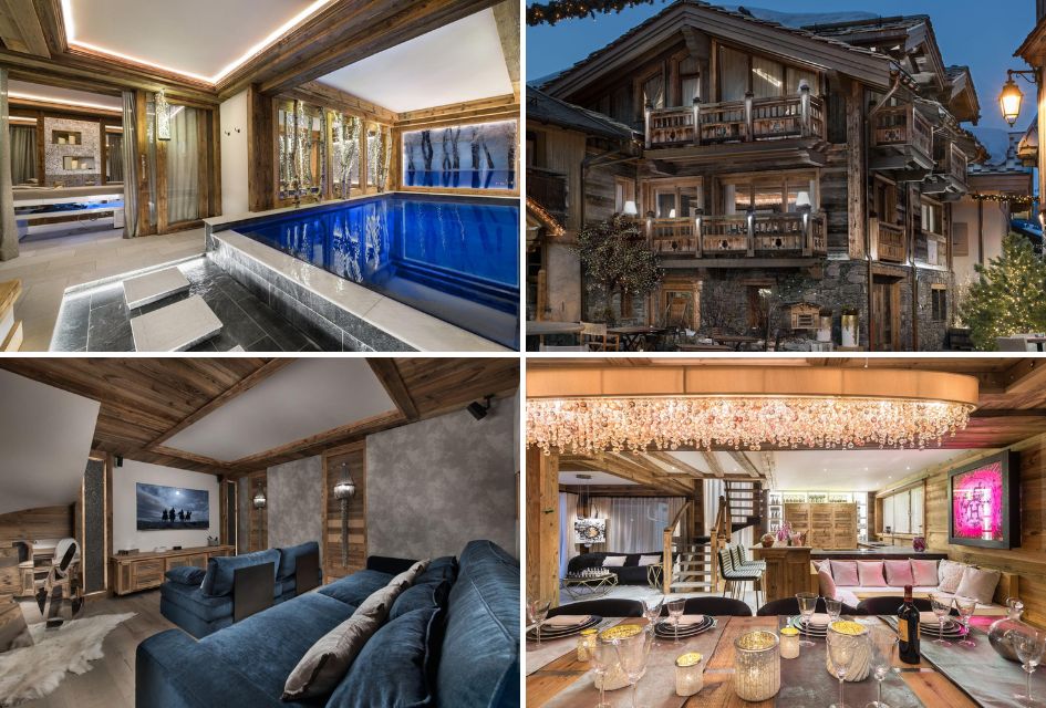 Collage of spa area, exterior, cinema room, and dining/living spaces at Chalet White, each proving why this chalet has to feature on our guide to Courchevel.