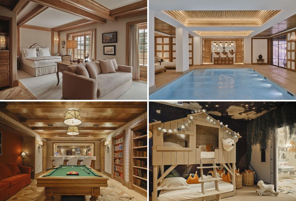 Collage of the Les Airelles Chalets, showing the facilities available such as the pool, billiards room, kids play room, and a bedroom in one of the chalets.