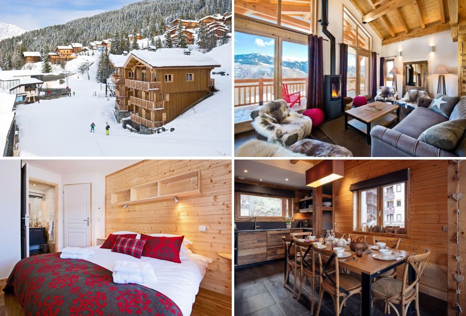 Collage of chalet Becca, a ski-in, ski-out chalet with cosy interiors. Showing the exterior and ski access, warming living area, dining table, and a bedroom.