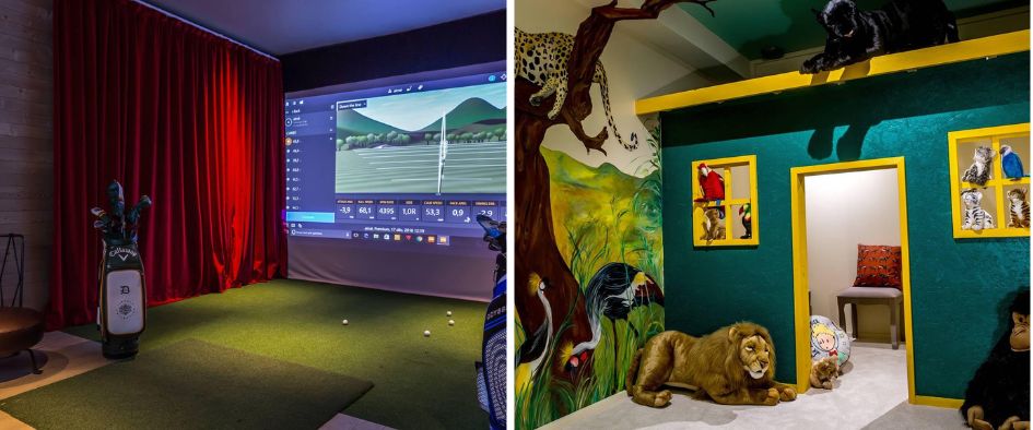 The unique ski chalet features of Chalet La Datcha VT, including the golf simulator and children's playroom.