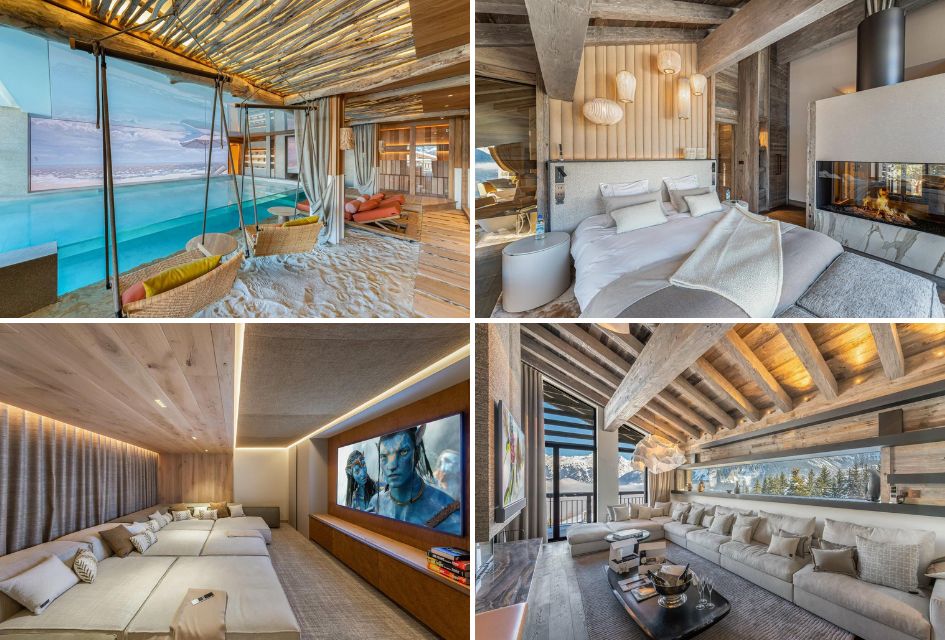 Collage of 4 images of Chalet White Sand in Courchevel Village, showcasing the Pool with indoor beach, cinema room, bedroom complete with fireplace, and a TV snug 