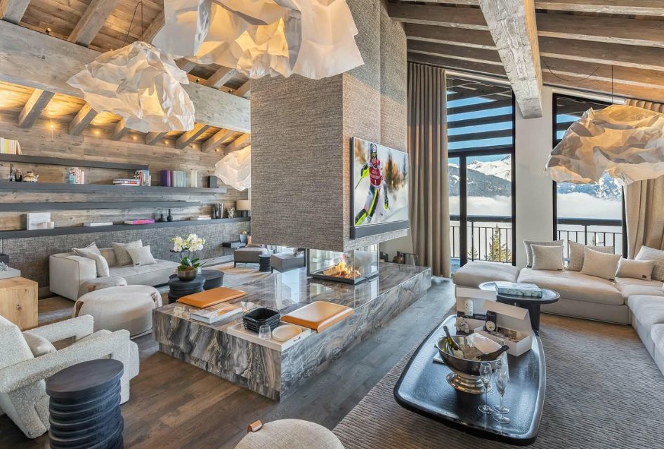 Opulent living room of Chalet White Sand, one of the most unique ski chalets in the French Alps.