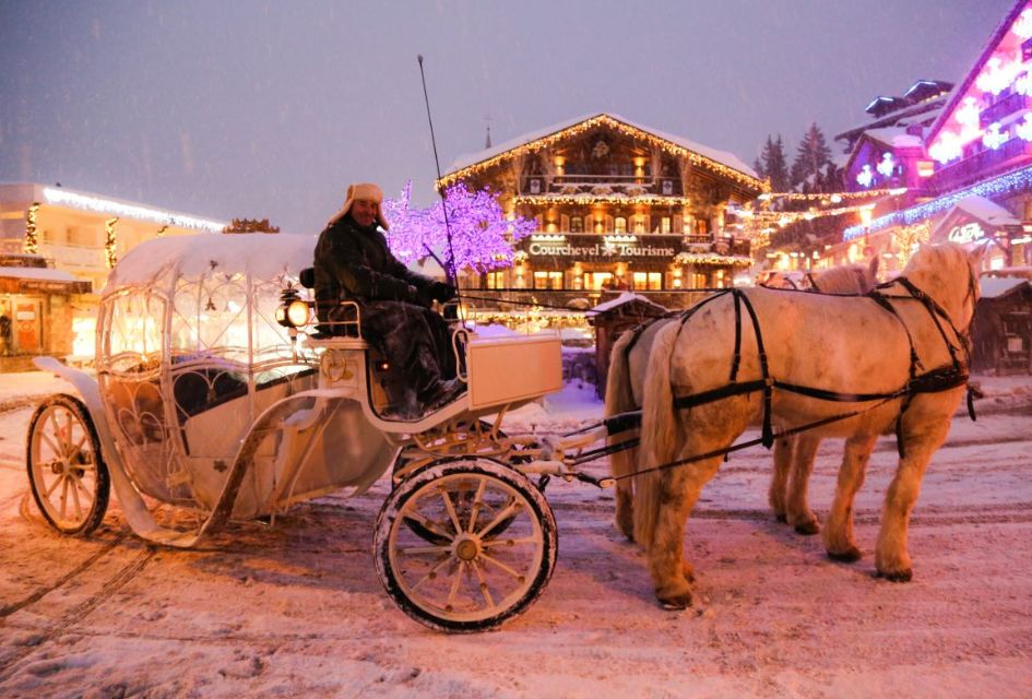 A man driving a horse-drawn Cinderella-style carriage in front of Courchevel Tourism Office.