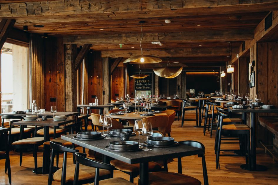 The dark woody interior of the St Martin de Belleville restaurant Au Torè.