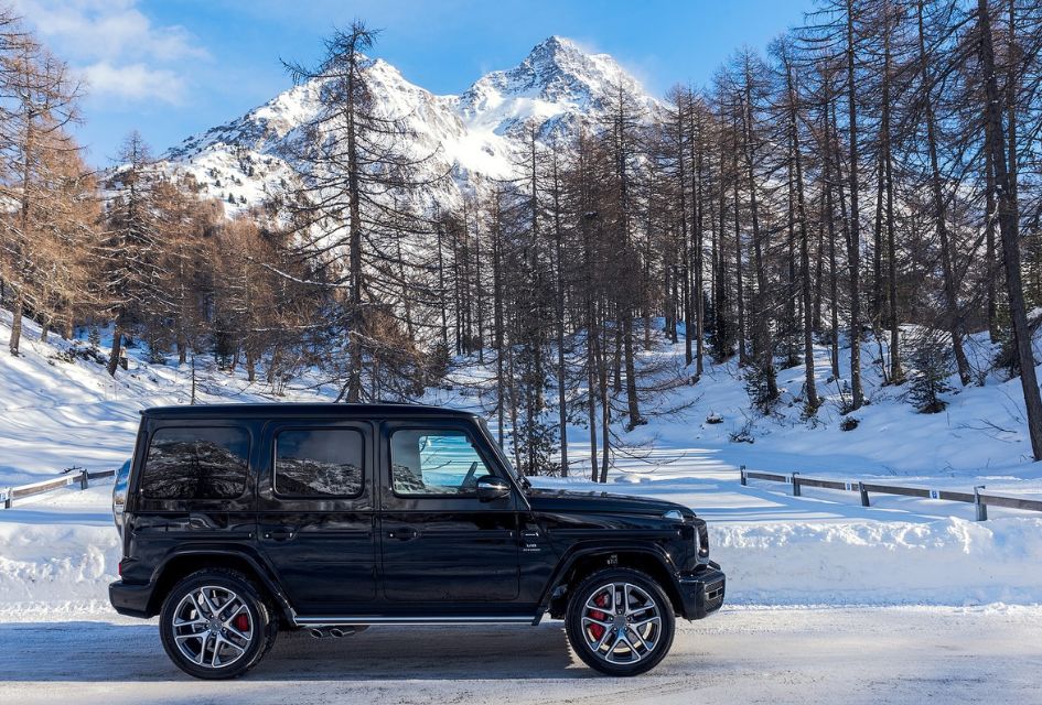 Mercedes-Benz luxury vehicle from FLM Luxury Rent with mountains of St Moritz in the background. Tick a luxury car rental off your luxury ski holiday checklist this winter!