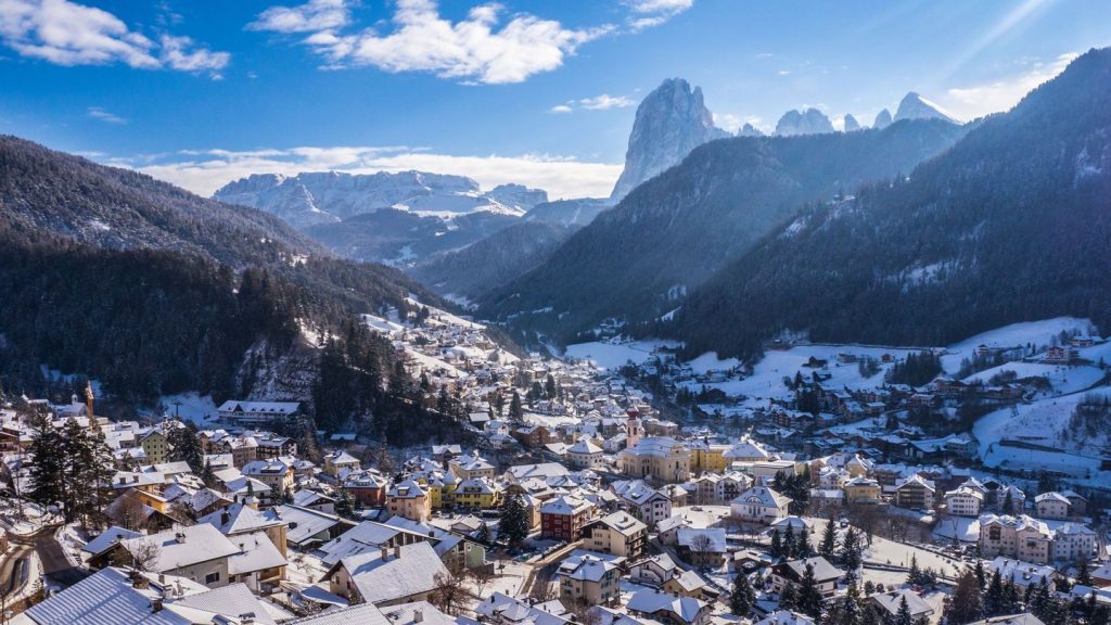 Panoramic view of Ortisei in Italy, a destination of some of the best restaurants in the Dolomites 