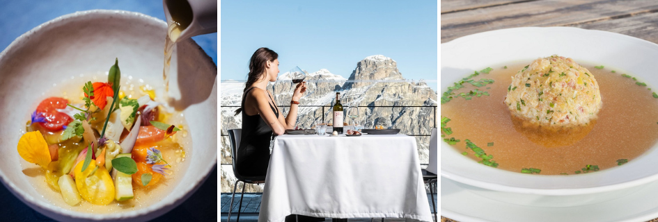 Montage of food and restaurant views from Alta Badia 