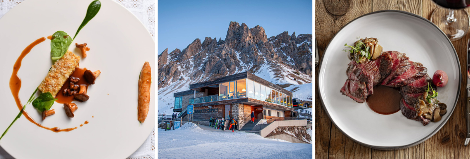 Montage of food and restaurants from Selva val Gardena